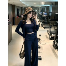 藏青色纯欲三件套装穿搭一整套早秋美式通勤新款开衫吊带女阔腿裤