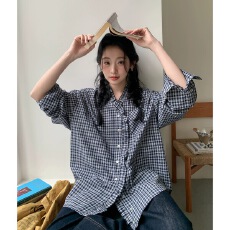 批发觅定法式蓝色格子木耳边长袖<b class='q'>衬衫</b>女早秋装叠穿<b class='q'>上衣</b>韩系日杂艺术系