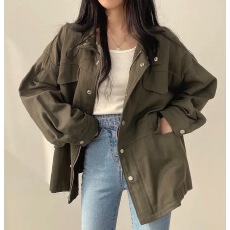 批发<b class='q'>韩国</b>chic秋季复古气质假口袋设计抽绳收腰显瘦工装夹克风衣外套女
