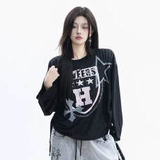 批发美式复古做旧印花华夫格长袖T恤女秋季轻亚风y2k宽松街头<b class='q'>情侣</b><b class='q'>上衣</b>