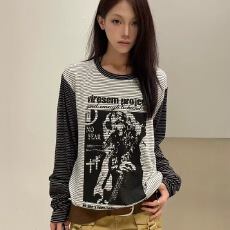 批发美式复古拼接撞色条纹小众设计感宽松百搭长袖<b class='q'>T</b><b class='q'>恤</b><b class='q'>男</b>女款百搭上衣