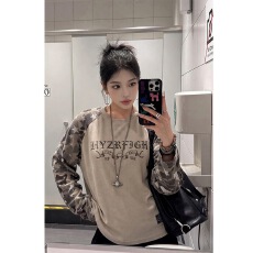 批发美式复古迷彩星星插肩袖长袖T恤男女秋季<b class='q'>街头</b>运动休闲百搭上衣潮