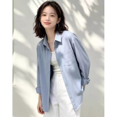 批发秋季新款黄色休闲风长袖衬衫女宽松透气纯棉翻领外搭上衣