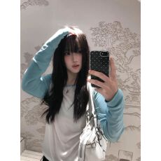 批发佳玲网购雪花棉 65棉35涤纶165克美式辣妹白拼蓝长袖<b class='q'>防晒</b>罩衫