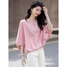批发慵懒风衬衫2025夏季新品女装圆领蝙蝠袖松紧下摆宽松百搭<b class='q'>雪纺</b><b class='q'>上衣</b>