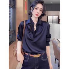 批发轻奢风藏蓝色假两件长袖<b class='q'>衬衫</b>女秋季2025年新款职业通勤百搭上衣服