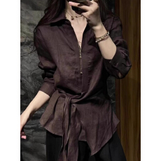 批发高级感复古棕色v领系带收腰长袖<b class='q'>衬衫</b>女秋季新款简约百搭通勤<b class='q'>衬衣</b>