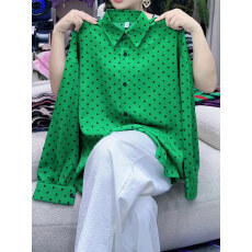 批发绿色polo领波点长袖<b class='q'>衬衫</b>女2025秋季新款大码显瘦休闲气质时尚上衣
