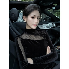 批发设计感网纱拼接长袖T恤女2025秋冬新款高级轻奢丝绒半高领打底衫