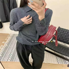 批发翻领纽扣亲肤秋冬羊毛内搭打底衫气质减龄灰色毛衣针织衫女士毛衫