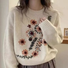 批发欧货时尚圆领刺绣长袖羊毛针织衫2025秋冬穿搭宽松慵懒保暖毛衣女