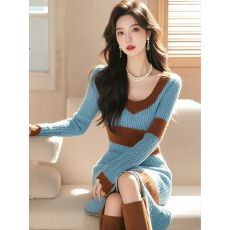 批发撞色针织连衣裙女2025秋冬气质修身显瘦高级感配大衣加厚毛衣裙子