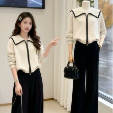 批发双拉链海军领开衫毛衣2025秋季慵懒风显瘦高级感针织外套