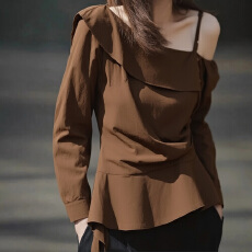 批发法式斜领露肩长袖<b class='q'>衬衫</b>女秋装大码胖mm显瘦宽松气质荷叶边短款上衣