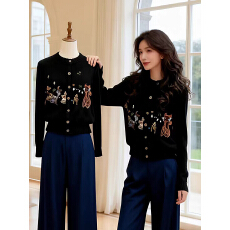 批发小猫刺绣黑色圆领毛衣外套秋季新款胖mm显瘦针织<b class='q'>开衫</b>上衣