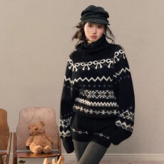 批发美式<b class='q'>印花</b>高领长袖毛衣女秋冬季加厚显瘦宽松针织衫休闲慵懒风上衣