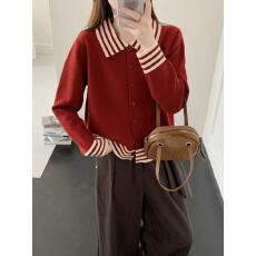 批发秋季女士翻领红色针织开衫外套女2025新款毛衣漂亮早秋上衣秋冬