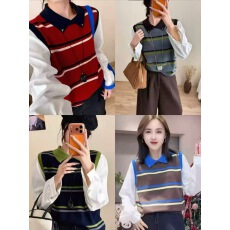 批发学院风翻领撞色条纹假两件拼接针织衫女2025秋冬新款百搭<b class='q'>时尚</b>上衣