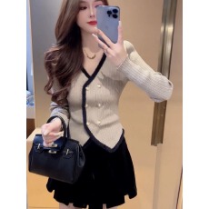 批发不规则V领针织衫女开衫秋季收腰<b class='q'>修身</b>打底复古小香风毛衣外套上衣