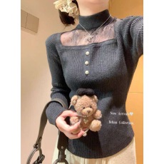 批发法式纯欲挂脖蕾丝拼接方领长袖针织打底衫女秋冬2025新款洋气上衣