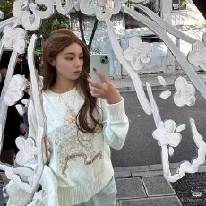 批发千金小香风学院风减龄刺绣金色五角星长袖毛衣水墨画丝绒裤两件套