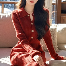 批发商场撤柜红色翻领针织连衣裙春配大衣的加厚气质梨型身材内搭长裙