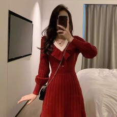批发新年衣服年会小礼服长裙订婚回门红色针织连衣裙女秋<b class='q'>冬</b>