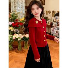 批发小香风翻领假两件针织衫女装冬季2026红色金属扣气质高级毛衣上衣