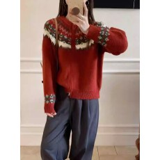 批发费尔岛提花<b class='q'>毛衣</b>外套女秋冬季百搭上衣<b class='q'>韩版</b>复古宽松双拉链针织开衫