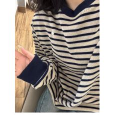 批发美式复古条纹圆领针织无帽卫衣女<b class='q'>春</b>秋2026新款宽松慵懒风长袖上衣