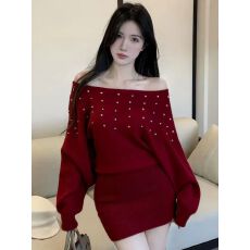 批发纯欲性感高级烫钻露肩毛衣裙法式高腰气质名媛修身显瘦针织<b class='q'>连衣裙</b>