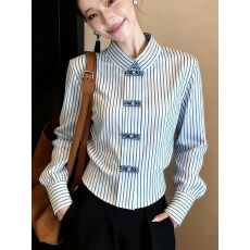 批发韩版撞色条纹<b class='q'>长袖</b><b class='q'>衬衫</b>时尚百搭正肩<b class='q'>衬衣</b>小众减龄<b class='q'>雪纺</b><b class='q'>衫</b>春季小衫女