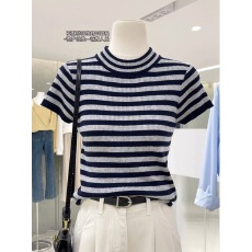 批发美式复古条纹针织短袖T恤<b class='q'>女</b>2026夏季新款修身半高圆领设计感上衣