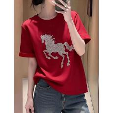 批发韩版重工烫钻小马短袖T恤女春夏美式打底衫体恤休闲通勤上衣百搭