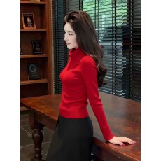 批发韩系轻熟风气质长袖针织<b class='q'>上衣</b>女秋冬新款高级感修身显瘦翻领打底衫