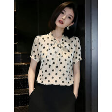 批发高级感<b class='q'>波点</b>短袖<b class='q'>衬衫</b>女2026春季新款蝴蝶结飘带设计感百搭减龄上衣