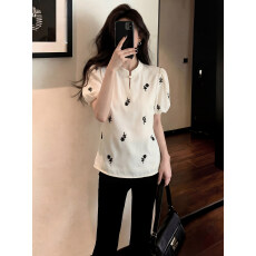 批发韩式温柔风白色泡泡袖<b class='q'>衬衫</b>女质感夏季超好看立领植物刺绣改良上衣