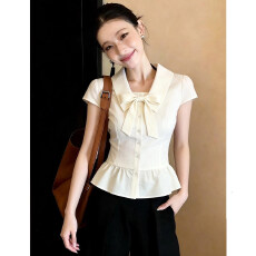 批发韩系通勤<b class='q'>蝴蝶结</b>修身短袖<b class='q'>衬衫</b>2026夏季新款甜美显白减龄收腰上衣