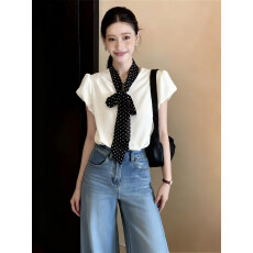 批发法式系带领泡泡袖衬衫2026夏季短袖复古波点飘带气质简约减龄<b class='q'>上衣</b>