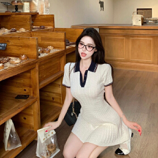 批发撞色麻花polo领短袖连衣裙女<b class='q'>夏</b>季收腰针织裙子学院风修身a字短裙