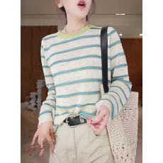 批发撞色条纹天丝面膜T恤女<b class='q'>欧洲站</b>2026春装<b class='q'>新款</b>欧货女装防晒打底衫潮