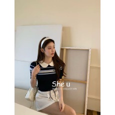 批发爆款miu系穿搭学院风<b class='q'>娃娃领</b>针织短袖<b class='q'>T</b><b class='q'>恤</b>女减龄假两件上衣女士夏季