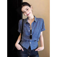批发早春设计感蓝色<b class='q'>格子</b><b class='q'>衬衫女</b>高级感轻奢减龄洋气衬衣小众气质小上衣