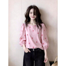 批发韩版甜美撞色蝴蝶结衬衫宽松休闲风套头小衫别致简约衬衣春季百搭