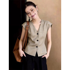 批发职业风V领无袖马甲女2026年夏季新款单排扣修身显瘦减龄气质上衣