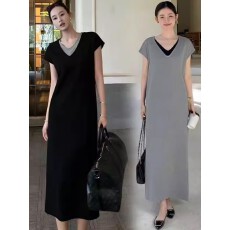 批发欧货<b class='q'>高端</b>气质减龄洋气慵懒风灰色V领短袖温柔<b class='q'>连衣裙</b>宽松百搭长裙