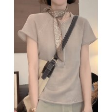 批发<b class='q'>圆领</b>半开扣套头短袖薄款<b class='q'>针织</b>衫女2026夏季爆款宽松显瘦休闲风上衣