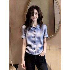 批发清新蓝白格纹短袖<b class='q'>衬衫</b>女2026夏季新款复古娃娃领显瘦百搭气质上衣