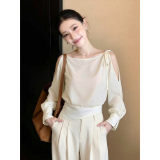 批发法式温柔风白色斜肩绑带长袖上衣女装春季新款收腰显瘦设计感内搭