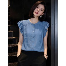 批发温柔风蓝色小飞袖衬衫女装夏季2026夏季新款今年流行爆款减龄上衣